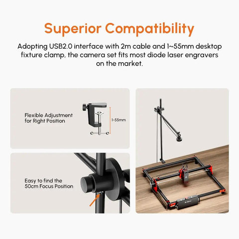 Diagram showing USB2.0 interface and clamp setup for 5MP HD Laser Engraver Camera For LightBurn, Real Time Preview And Precise Positioning.