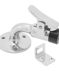 Angled front view of marine-grade 316 stainless steel boat door stopper catch with base plate and mounting bracket