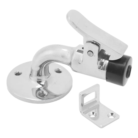 Angled front view of marine-grade 316 stainless steel boat door stopper catch with base plate and mounting bracket