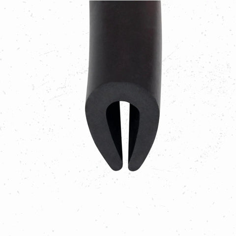 Close-up of Black U Channel Edge Trim Seal EPDM 33/64 Inch High By 11/32 Inch Wide, Ultra Flexible Edge Gasket Cross-section
