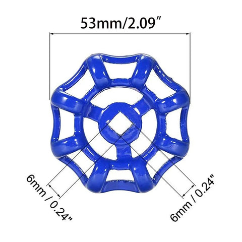 Blue painted 53mm OD heavy-duty cast steel faucet handle replacement, showing 6x6mm square broach for Three Pack 53mm Outer Diameter Metal Outside Faucet Round Wheel Handle Replacement Gate Valve Handwheel Water Spigot Handle Globe Valve Switch Handle Blue Painted Heavy Duty Cast Steel Square Broach 6x6mm.