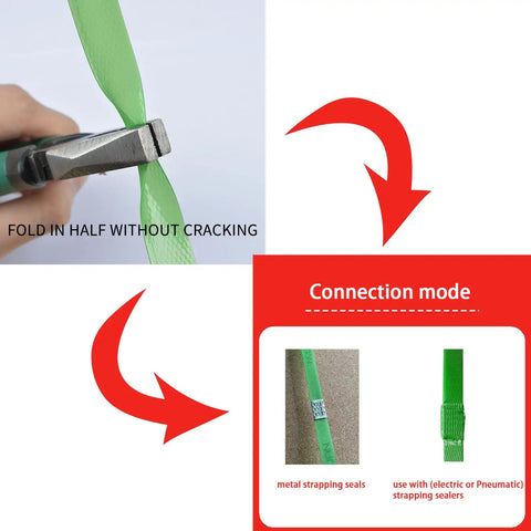 Close-up of Pro Level Heavy Duty Poly Strapping Kit showing green polyester strap folding without cracking, with strapping seals.