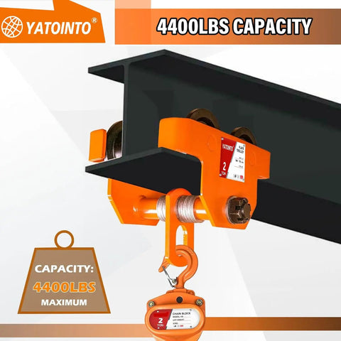 Side view of 2 Ton Dual Wheel Beam Trolley for 4 to 6 Inch I Beam Flanges, attached to I-beam, showing dual rollers and hoist hook