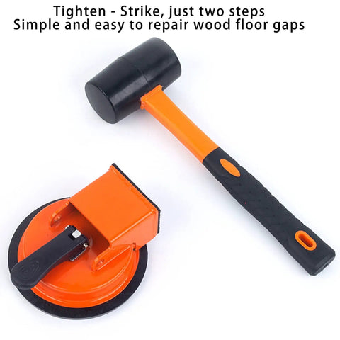 Heavy Duty Floor Seam Fix Kit With Vacuum Suction Lifter And Plank Grabbers For Wood Tile And Laminate Floors Secure Lifts Quick Seam Fix No Slip Installation, showing a black and orange mallet and suction lifter tool.