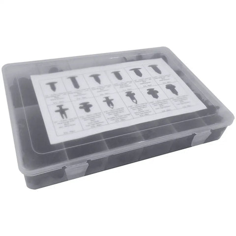 Rig Ready Black Nylon Push Type Retainer Clip Assortment Kit For Auto Bumper Fender Liner Trim Panel Fasteners in storage case.