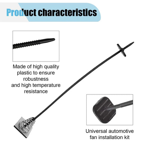 Top Shelf Universal Fan Mounting Kit Featuring Push Through Radiator Cooling Fan Straps and Heavy Duty Installation Bolts Clips Springs Foam Pads For Every Rig, highlighting plastic mounting rods.