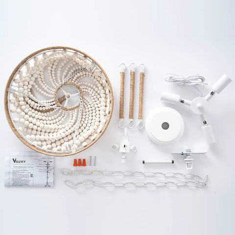 Boho Farmhouse Wood Beaded Pendant Light Fixture With Fringed White Beads 3 Light Rustic Chandelier assembly components