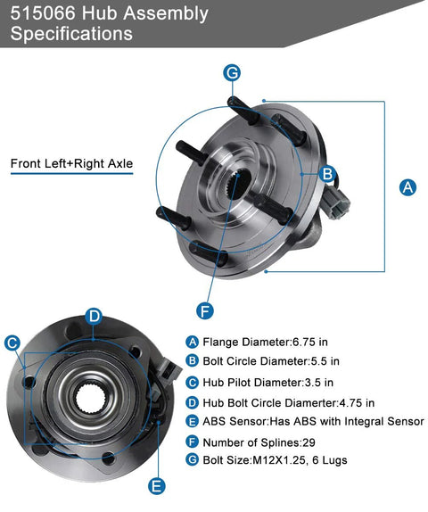Front Wheel Bearing Hub Assembly 515066 6 Lug With ABS for Nissan Titan, showing specifications and design details.