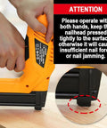Close-up of Pro Grade 18 Gauge Electric Brad Nailer And Stapler Workhorse in use on wood with safety instructions visible.