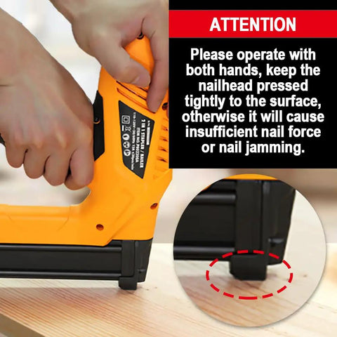 Close-up of Pro Grade 18 Gauge Electric Brad Nailer And Stapler Workhorse in use on wood with safety instructions visible.