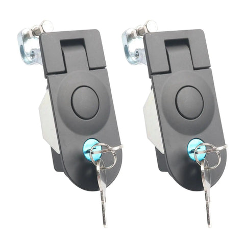Two Piece Flush Mount Trailer Access Door Latch Set With Push Button Cylinder Closure For Paired Baggage Panels, keys shown