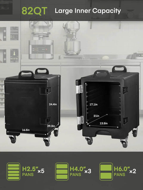 Insulated Food Warmer Carrier Set Of 2 With Stackable Pans Four Wheels Including Two With Brakes Front Loading Door Opens To 270 Degrees