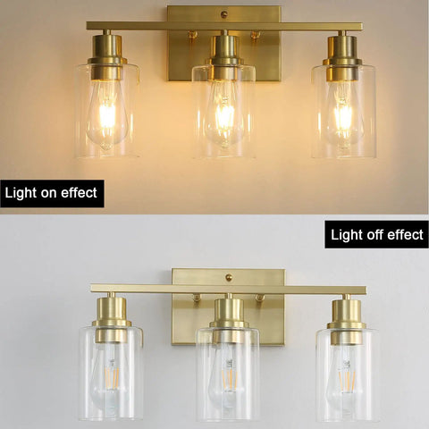 Three Light Sleek Gold Brushed Brass Vanity Light Fixture With Clear Glass Shade For Modern Bath Wall Hallway Bedroom And Living Room Bulbs Not Included, light on and off