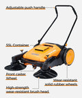 Heavy Duty Manual Walk Behind Floor Sweeper With 41 Inch Wide Cleaning Path For Warehouses Non Electric Broom Solid Rubber Wheels featuring adjustable handle and 55L container.