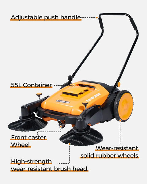 Heavy Duty Manual Walk Behind Floor Sweeper With 41 Inch Wide Cleaning Path For Warehouses Non Electric Broom Solid Rubber Wheels featuring adjustable handle and 55L container.