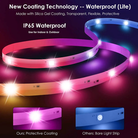 100Ft Outdoor RGB LED Strip Lights With WiFi IP65 Waterproof Alexa And Google Assistant Compatible, showing new coating technology.
