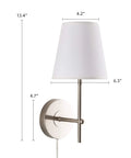 1 Light Wall Sconce With Plug In Or Hardwired Install In Brushed Nickel Finish White Alabaster Fabric Shade Vanity Light For Bathroom Or Bedroom, Clean Modern Transitional Wall Mount Lamp with dimensions