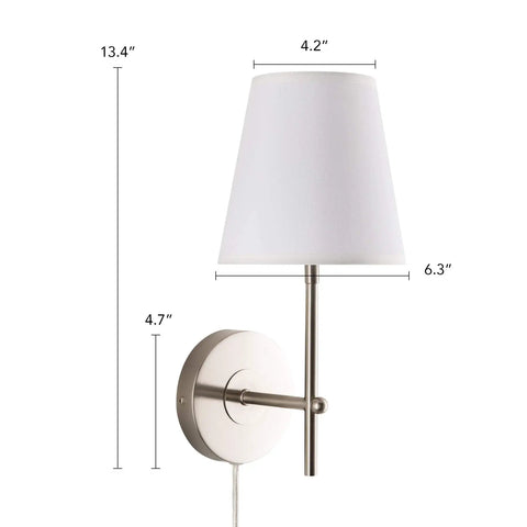 1 Light Wall Sconce With Plug In Or Hardwired Install In Brushed Nickel Finish White Alabaster Fabric Shade Vanity Light For Bathroom Or Bedroom, Clean Modern Transitional Wall Mount Lamp with dimensions