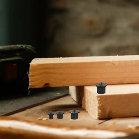 8 Piece Wood Dowel Pins Alignment Tool Set with solid wood tenon center points on a wooden surface