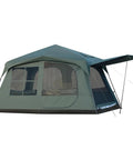 Side view of a Family Cabin Tent For 6-8 With Porch And 2 Rooms, Waterproof Glamping Tent, 3 Doors, Tall And Spacious, ideal for camping.