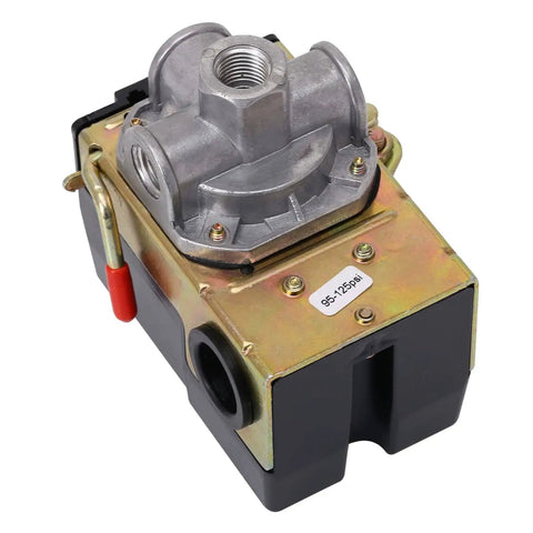 Air Compressor Pressure Switch 95 to 125 PSI Four Ports One Quarter Inch NPT With Unloader Valve On Off Lever Easy Replacement