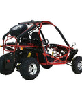 Rear view of a Red Off Road Go Kart With 8.3 kW 4 Stroke Air Cooled Engine, CVT Transmission, CDI Ignition, rugged mini racer.