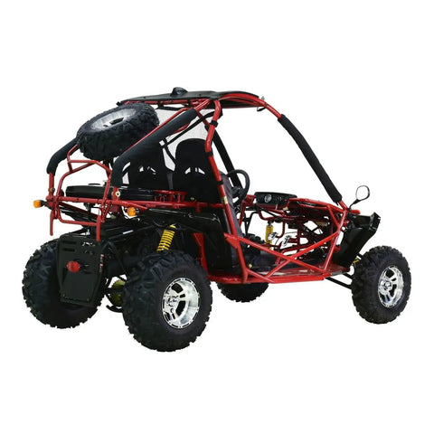 Rear view of a Red Off Road Go Kart With 8.3 kW 4 Stroke Air Cooled Engine, CVT Transmission, CDI Ignition, rugged mini racer.