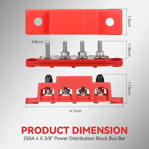 Heavy Duty 250A Power Distribution Block Bus Bar dimensions showing 4 stud connections and nylon core for 12-48 volt wiring.