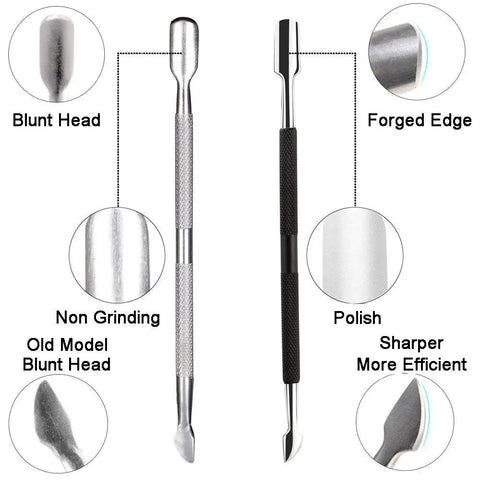 Must Have Pro Cuticle Trimmer With Pusher And Nipper Stainless Steel Manicure Pedicure Tool close-up showing blunt and sharp ends