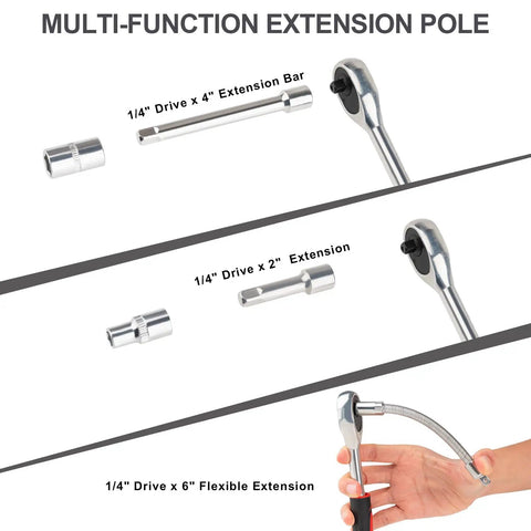 Multi-function extension pole with 1/4" drive extensions, showing socket wrench with various extension bars.