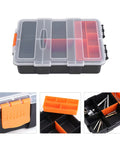 Two Layer Plastic Tools Organizer Box For Garage And Workshop with clear lids, compartments, and orange latch detail.