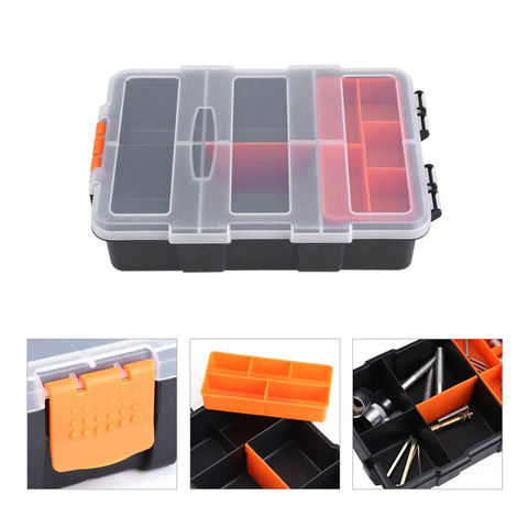 Two Layer Plastic Tools Organizer Box For Garage And Workshop with clear lids, compartments, and orange latch detail.
