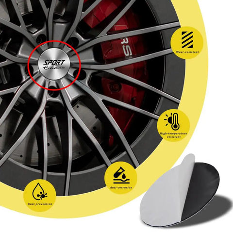 Premium 4 Piece 56Mm Wheel Hub Center Cap Stickers For Rims featuring sleek gray design on sporty wheel.