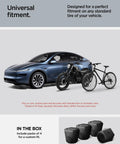 Magnetic Tire Valve Caps For Schrader Valves, Carbon Black, 4 Pack, shown with car, motorcycle, bicycle; boxed pack displayed