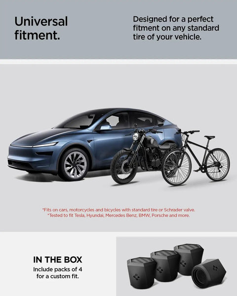 Magnetic Tire Valve Caps For Schrader Valves, Carbon Black, 4 Pack, shown with car, motorcycle, bicycle; boxed pack displayed
