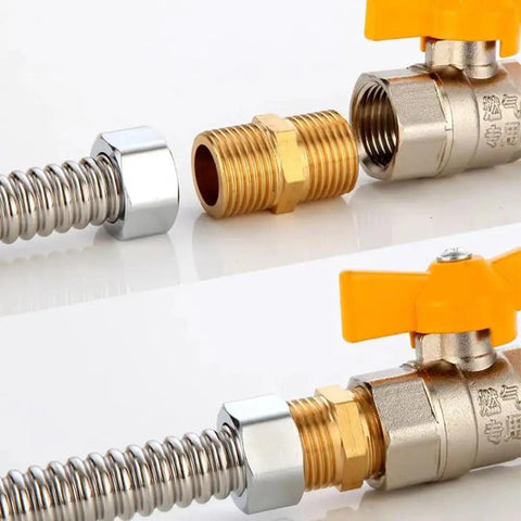 Workhorse Brass Hex Nipple Fittings Male To Male Thread Pipe Coupler Adapter, showing brass fittings with valve for gas plumbing.