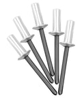 Tough As Nails Heavy Duty Closed End Aluminum Blind Rivets 500 Piece Pack 3/16 X 1/2 With Steel Mandrel showing five rivets in close-up.