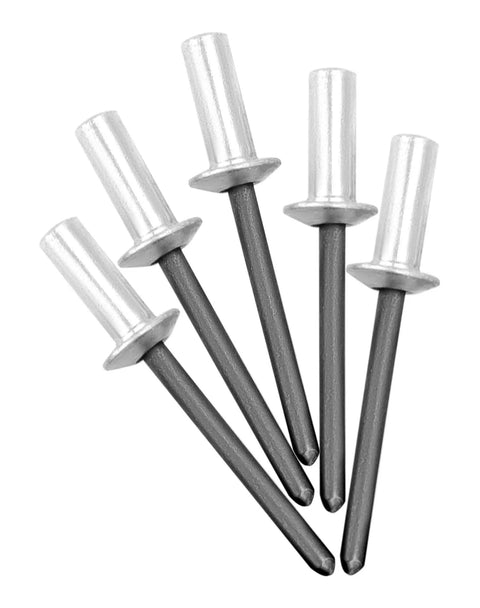 Tough As Nails Heavy Duty Closed End Aluminum Blind Rivets 500 Piece Pack 3/16 X 1/2 With Steel Mandrel showing five rivets in close-up.