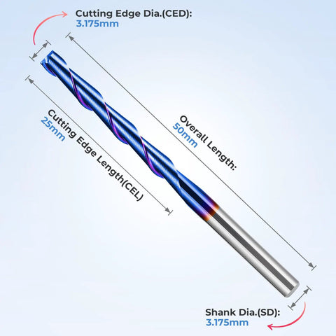 CNC Router Bits Set One Eighth Inch Shank Flat Nose Carbide End Mills Two Flute Spiral Upcut Milling Cutter Kit side view
