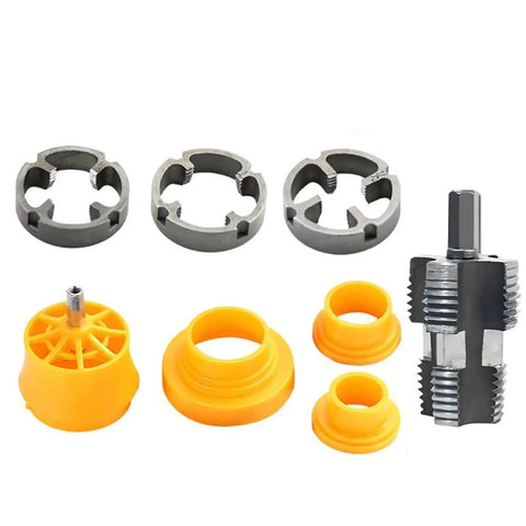 Khbyt Electric Drill PVC Pipe Threader Kit with 3 ABS dies including yellow tap dies and gray dies for plumbing projects.