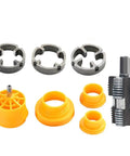 Heavy Duty Electric Pipe Threader Kit For Pvc And Metal Pipe includes three replacement cutters and various yellow fittings for threading.