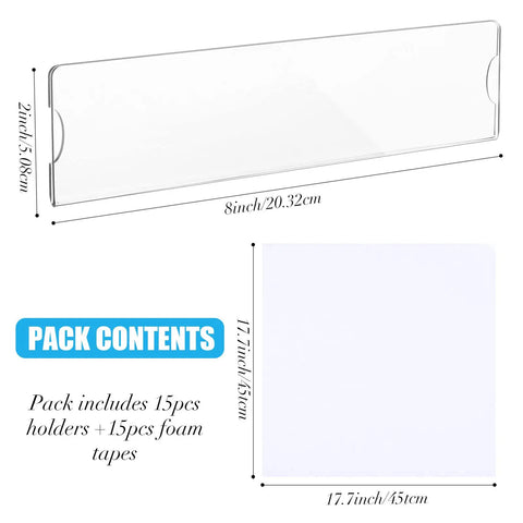 15 Piece Acrylic Name Plate Holder Set 8 By 2 Inch Clear Sign Frame With Adhesive Tape showing dimensions and contents