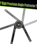 Miter saw protractor with six aluminum rulers radiating from a central dial and bubble level