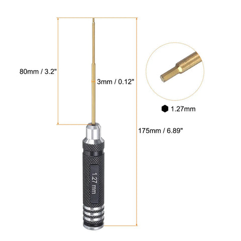 1.27mm Titanium RC Hex Driver Tiny Hex Screwdriver For RC Cars Boats Helicopters And Drones Durable Wrench Tool With A 175mm Long Handle For Quick Field Repairs Black showing measurements