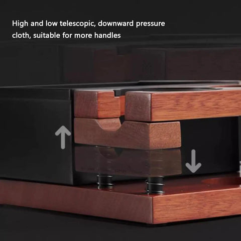 Solid Walnut Coffee Tamping Station And Espresso Knock Box Featuring Double Layer Accessory Storage Fits 51 54 58mm Portafilters, detailed view of telescopic pressure cloth feature.