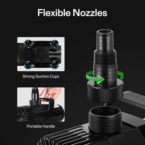 Close-up of flexible nozzles, suction cups, and handle on the 2600 GPH Submersible Water Pump With Barrier Bag Ultra Quiet 200W.