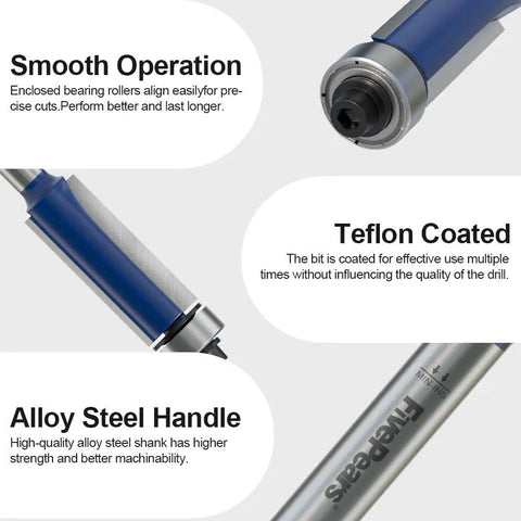Flush Trim Router Bit 1/4 Inch Shank, 3/8 Inch Cutting Diameter, 1-3/16 Inch Cutting Height, showing Teflon coating and alloy handle