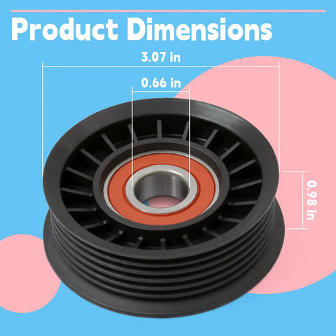 Premium Replaceable Drive Belt Idler Pulley 88909590 with dimensions 3.07x0.98x0.66 inches for Chevy Buick GMC models.