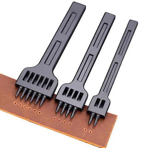Pro Grade Three Piece Leather Stitching Chisel Set With Four Millimeter Diamond Prongs for leather crafting on brown leather