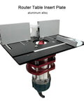Heavy Duty Aluminum Router Table Insert Plate With Precision Center Guide Bushing Rock Solid Flip Top Woodworking Auxiliary Mounting Base Straight Shooting Black Kit For Weekend Warriors, showing the plate with router.